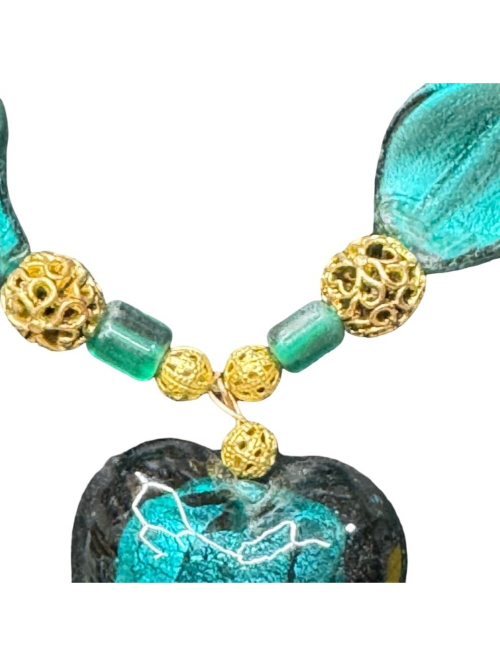Vintage Green Glass Teal Heart Pendant Necklace AB Oil Spill Beads 24" Statement - Picture 9 of 10